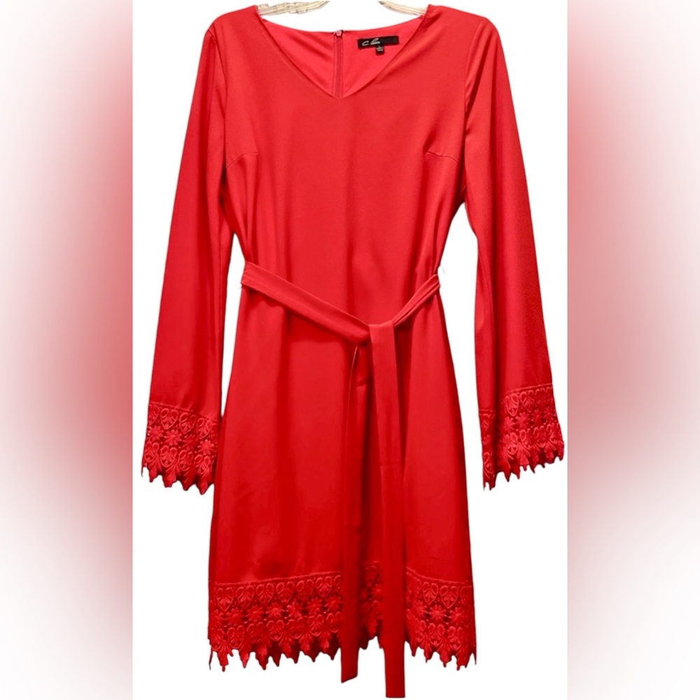 C. Luce Midi Dress, Crochet Lace, 3/4 Bell Sleeve, V-neck, Belt, Poppy, Sz L